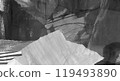 Black gray abstract collage, torn paper pieces glued, horizontal banner background, painted ink texture 119493890