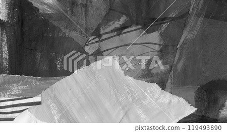 Black gray abstract collage, torn paper pieces glued, horizontal banner background, painted ink texture 119493890