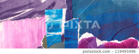 Blue pink purple abstract collage, torn paper pieces glued, horizontal banner background 119493896