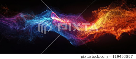 A vibrant digital illustration depicting an electric kiss with dynamic colors and energy waves on a side profile. Futuristic and expressive art. 119493897