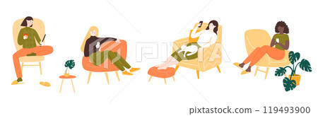 Woman characters at home, sitting in chair and sofa, using phones and tablet. Communication illustrations set, flat design 119493900