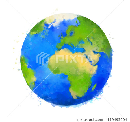 Watercolor Earth illustration, painted globe, Europa and Africa continents, oceans. Artistic picture of earth Watercolor Earth illustration, painted globe, Europa and Africa continents, oceans. Artistic picture of earth 119493904