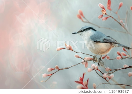 Nuthatch, isolated on pastel background, stock photographic style 119493987