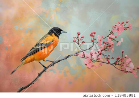 Oriole, isolated on pastel background, stock photographic style 119493991