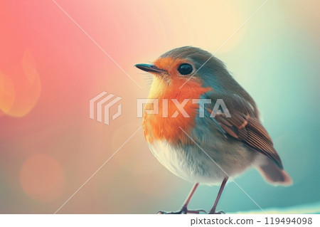 Robin, isolated on pastel background, stock photographic style 119494098