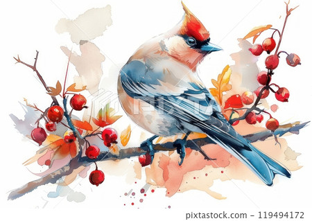 Waxwing, bird, Pastel-colored, in hand-drawn style, watercolor, isolated on white background 119494172