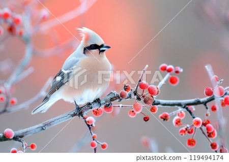 Waxwing, isolated on pastel background, stock photographic style 119494174