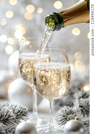 Elegant pouring of champagne into two crystal glasses surrounded by festive Christmas ornaments and twinkling fairy lights, creating a celebratory holiday atmosphere 119494178
