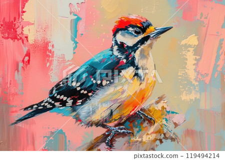 Woodpecker, isolated on pastel background, stock photographic style 119494214