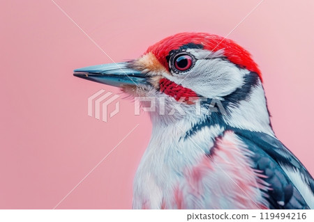 Woodpecker, isolated on pastel background, stock photographic style 119494216
