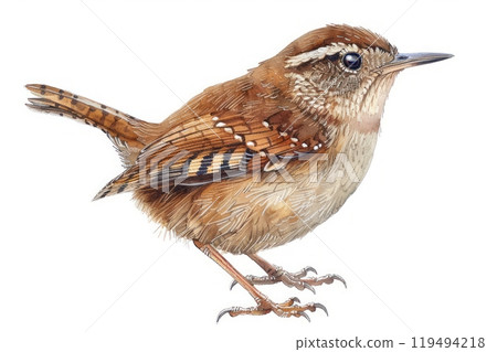 Wren, bird, Pastel-colored, in hand-drawn style, watercolor, isolated on white background 119494218
