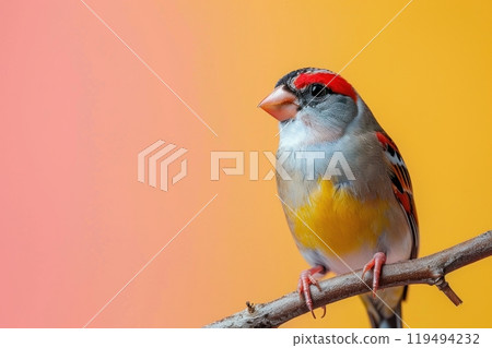 Zebra Finch, isolated on pastel background, stock photographic style 119494232