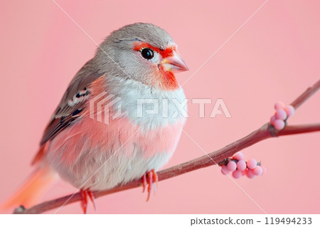 Zebra Finch, isolated on pastel background, stock photographic style 119494233