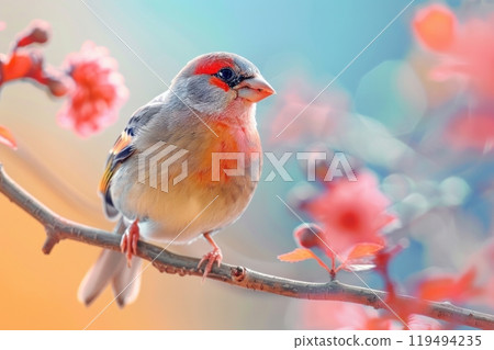 Zebra Finch, isolated on pastel background, stock photographic style 119494235