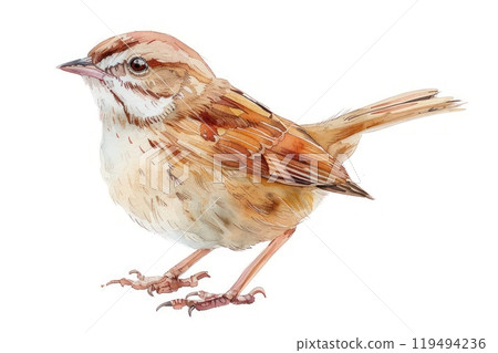 Zitting Cisticola, bird, Pastel-colored, in hand-drawn style, watercolor, isolated on white background Zitting Cisticola, bird, Pastel-colored, in hand-drawn style, watercolor, isolated on white background 119494236