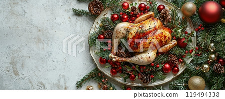 Festive whole roasted chicken surrounded by Christmas decorations with pine cones and berries on a white plate 119494338