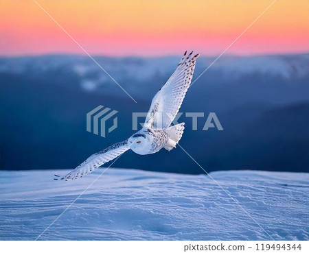 A snowy owl soars silently over a frozen tundra, blending with the snow. AI Generated. A snowy owl soars silently over a frozen tundra, blending with the snow. AI Generated. 119494344