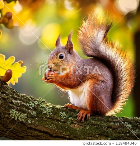 Red squirrel perched on a tree stump eating a hazelnut with a autumn background. AI Generated Red squirrel perched on a tree stump eating a hazelnut with a autumn background. AI Generated 119494346