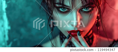 Close-up portrait of a beautiful woman with striking red lipstick and captivating eyes in dramatic lighting 119494347