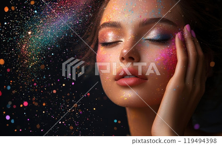 A beautiful woman with stunning colorful makeup and glittering particles illuminating her face against a dark background A beautiful woman with stunning colorful makeup and glittering particles illuminating her face against a dark background 119494398