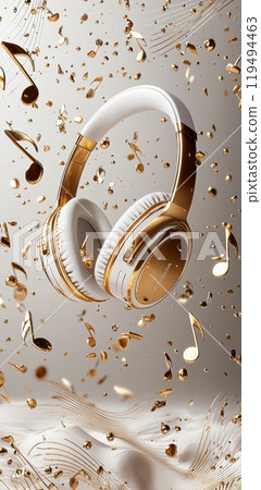 3D rendering of luxurious headphones with floating musical notes in a dynamic and vibrant scene 119494463