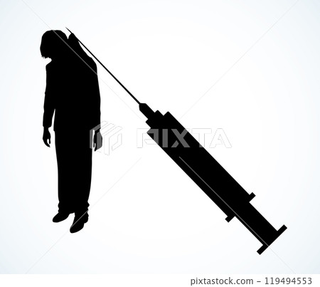 Vector poster against drug abuse: a man caught in a syringe needle Vector poster against drug abuse: a man caught in a syringe needle 119494553