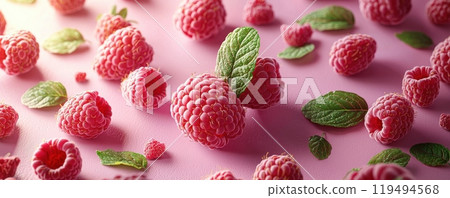 3D cartoon illustration of multiple raspberries and mint leaves on a pink background, creating a fresh and vibrant fruity composition 119494568