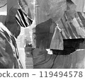 Black gray abstract collage, torn paper pieces glued, horizontal banner background, painted ink texture 119494578