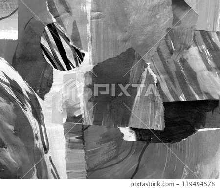 Black gray abstract collage, torn paper pieces glued, horizontal banner background, painted ink texture 119494578