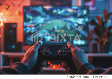 Close-up of hands holding a game controller, playing a video game on a screen 119494629