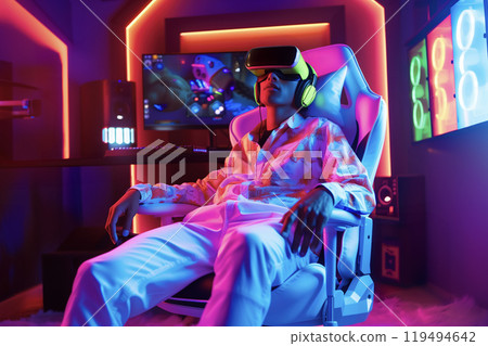 Gamer wearing a VR headset, deeply immersed in a virtual reality game in a neon-lit room. 119494642