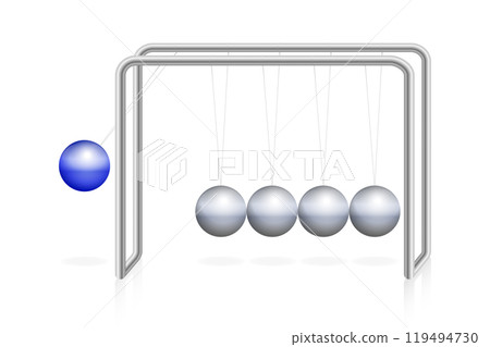 Newton's cradle with blue sphere on frame with metal balls, demonstrating principles of conservation of momentum and energy in physics. Blue ball creates a pressure wave pushing the last ball upwards. 119494730