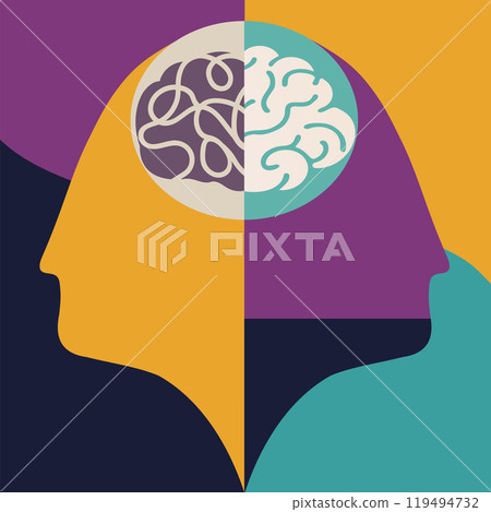 2 Abstract Head silhouette. Metaphor bipolar disorder mind mental. Double face with tangle and untangle brain. Concept mood disorder. Split personality. Psychology. Mental health 119494732