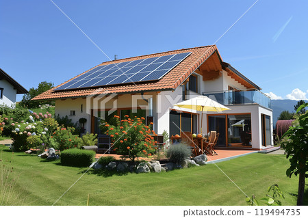 Modern House with Solar Panels and Garden 119494735