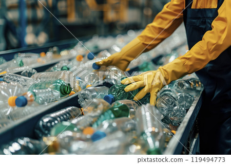 Worker Sorting Plastic Bottles on Assembly Line 119494773