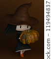 Little chibi witch carries pumpkin. 3d render, 3d illustration. 119494837