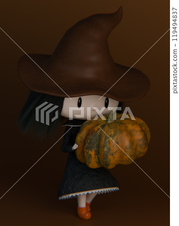 Little chibi witch carries pumpkin. 3d render, 3d illustration. 119494837