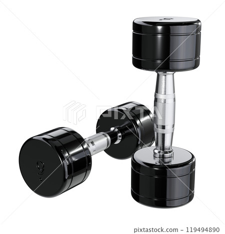 Two blank Round Dumbbells with number 9, black weightlifting gym equipment 119494890