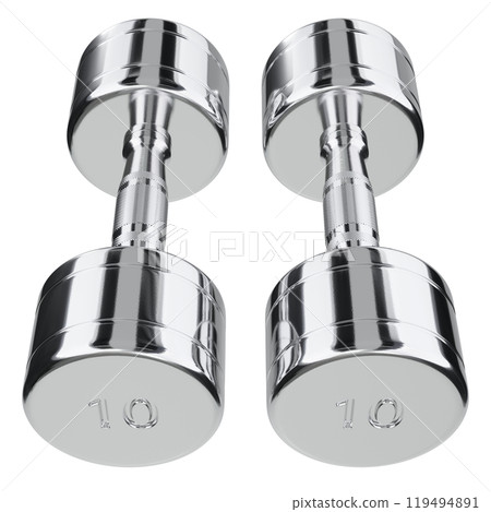 Two blank Round Dumbbells with number 10, chrome weightlifting gym equipment Two blank Round Dumbbells with number 10, chrome weightlifting gym equipment 119494891