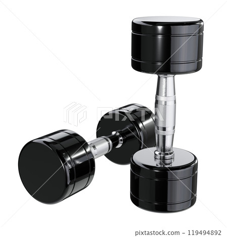 Two blank Round Dumbbells, black weightlifting gym equipment top view 119494892