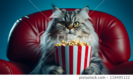 Fluffy cat holding popcorn in red chair 119495122