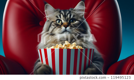 Fluffy cat holding popcorn in red chair 119495123