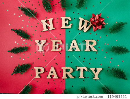 A green and red background with a Christmas tree and a bow on it A green and red background with a Christmas tree and a bow on it 119495331