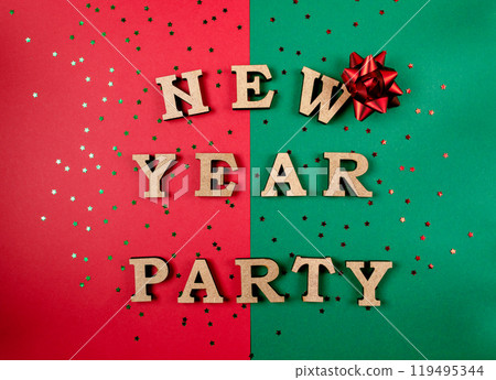 A green and red background with a red bow on top of the word New Year Party A green and red background with a red bow on top of the word New Year Party 119495344