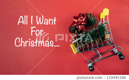 Shopping cart filled with Christmas decorations Shopping cart filled with Christmas decorations 119495386