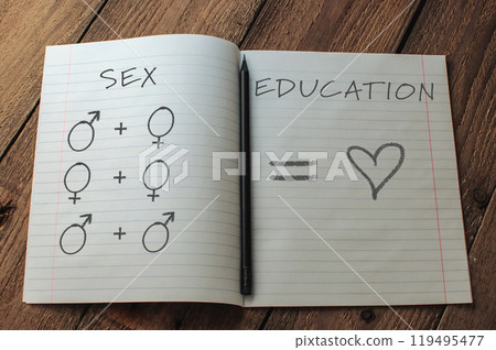 Notebook with a pencil and a heart drawn on it 119495477