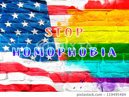 Rainbow flag with the words Stop Homophobia written on it Rainbow flag with the words Stop Homophobia written on it 119495484