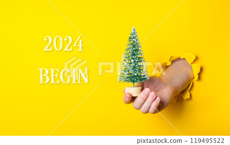 A hand holding a small Christmas tree in front of a yellow background 119495522