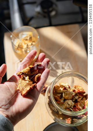 A piece of dried Amanita muscaria mushroom cap held in the hand 119495538