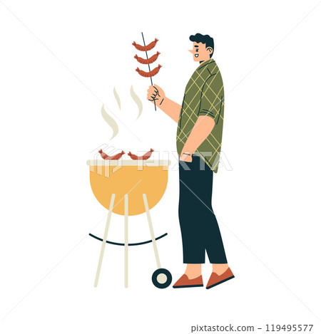 Man Character Standing Grill Sausage Relaxing in Nature in the Park Have Barbecue Vector Illustration Man Character Standing Grill Sausage Relaxing in Nature in the Park Have Barbecue Vector Illustration 119495577